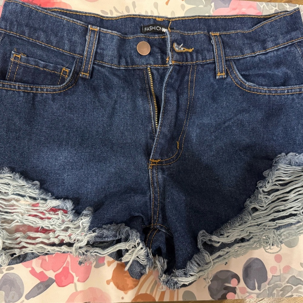 Fashion Nova Dark Blue Ripped Jean Shorts